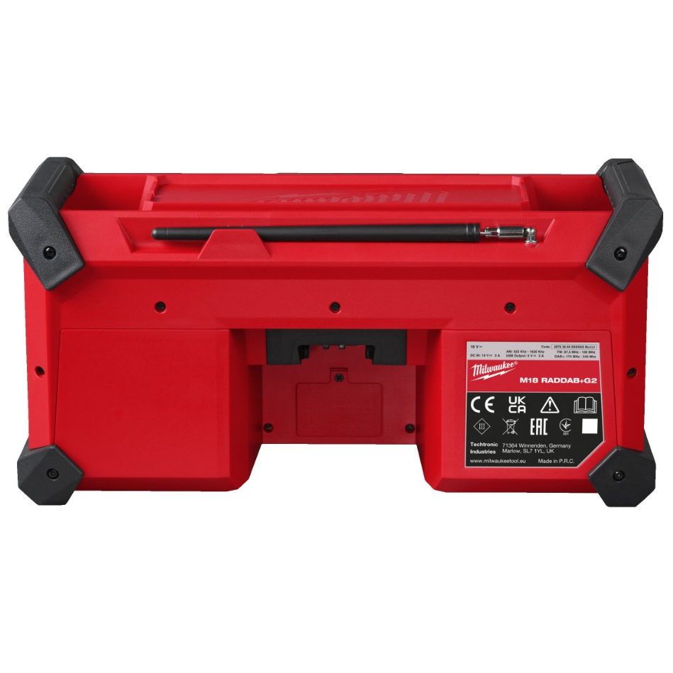 Rückansicht Milwaukee M18 Akku-Baustellenradio mit DAB+ und Bluetooth