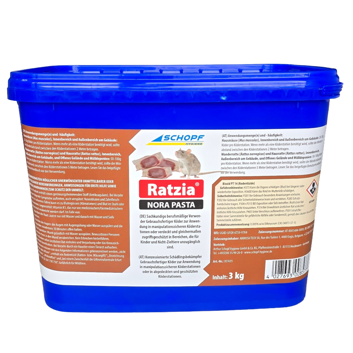 Ratzia NORA PASTA 3 kg – gebrauchsfertiger Nagerköder für Mäuse und Ratten | Sachkundenachweispflichtig
