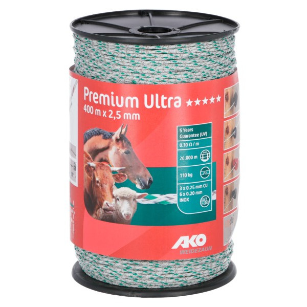 Weidezaunlitze Premium Ultra 400 m. weiß / grün AKO